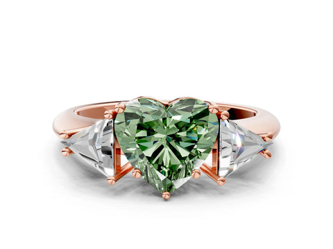 Rose gold Three-Stone Fancy Green Heart Cut Cut Diamond Ring with Trillion Side Stones and Four-Prong Setting_3