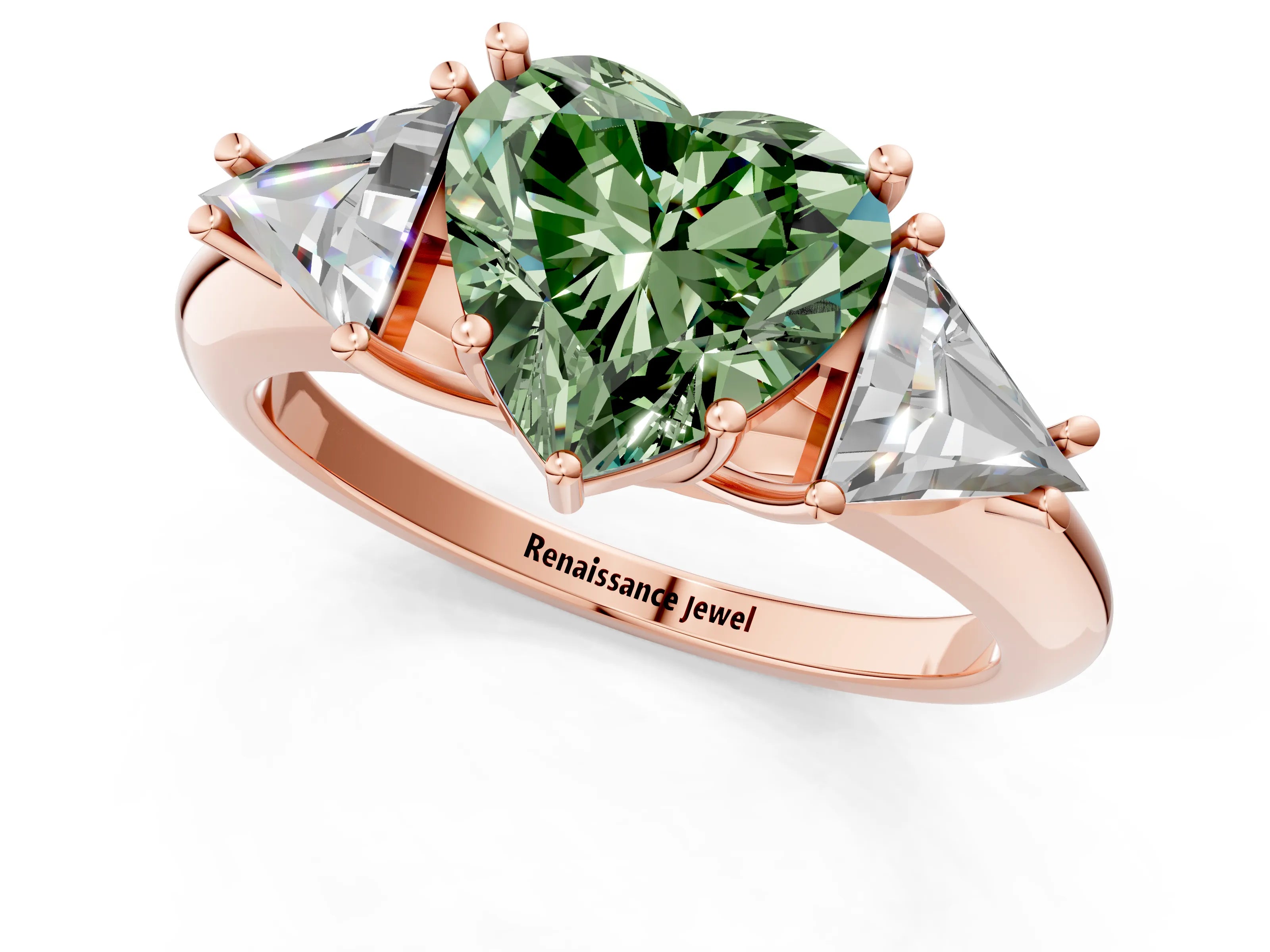 Rose gold Three-Stone Fancy Green Heart Cut Cut Diamond Ring with Trillion Side Stones and Four-Prong Setting_4