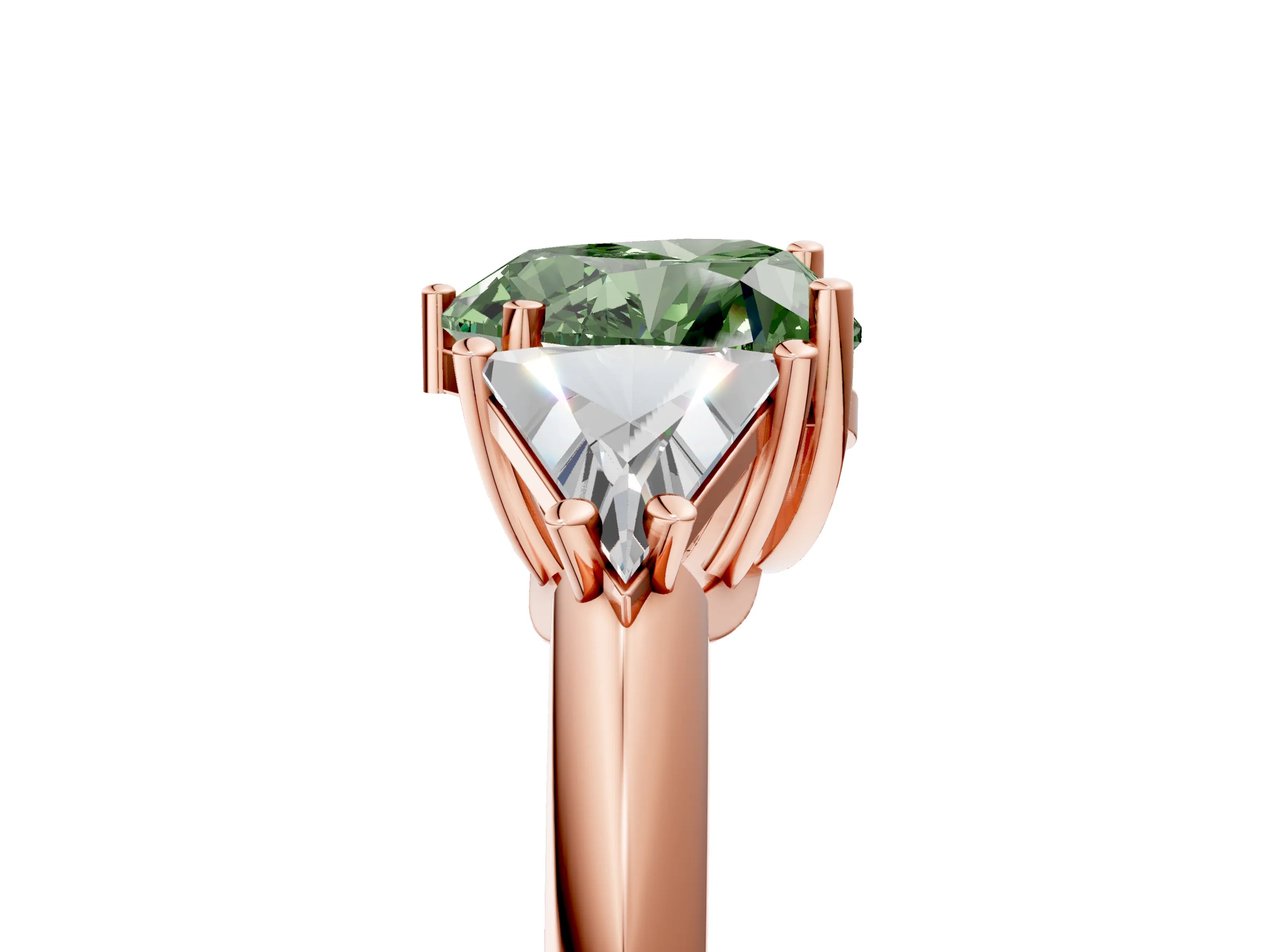 Rose gold Three-Stone Fancy Green Heart Cut Cut Diamond Ring with Trillion Side Stones and Four-Prong Setting_8