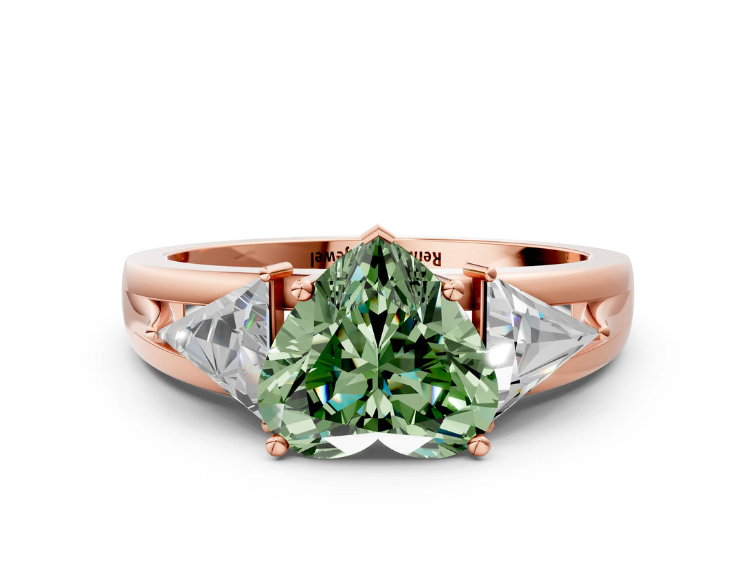 Rose gold Three-Stone Fancy Green Heart Cut Cut Diamond Ring with Trillion Side Stones on a Split Shank Band