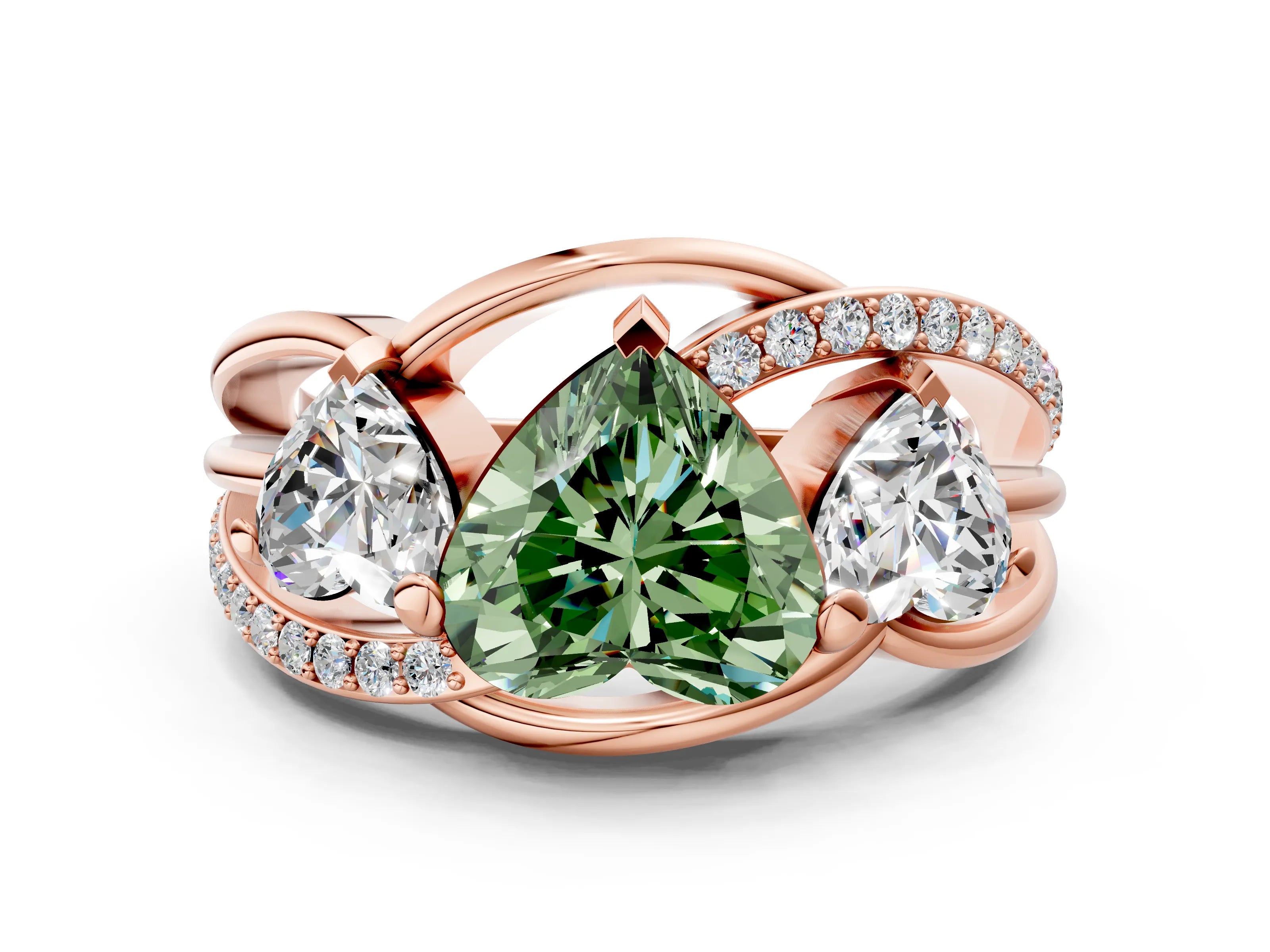 Rose gold Three-Stone Fancy Green Heart Cut Cut Diamond Split Shank Prong Set Ring