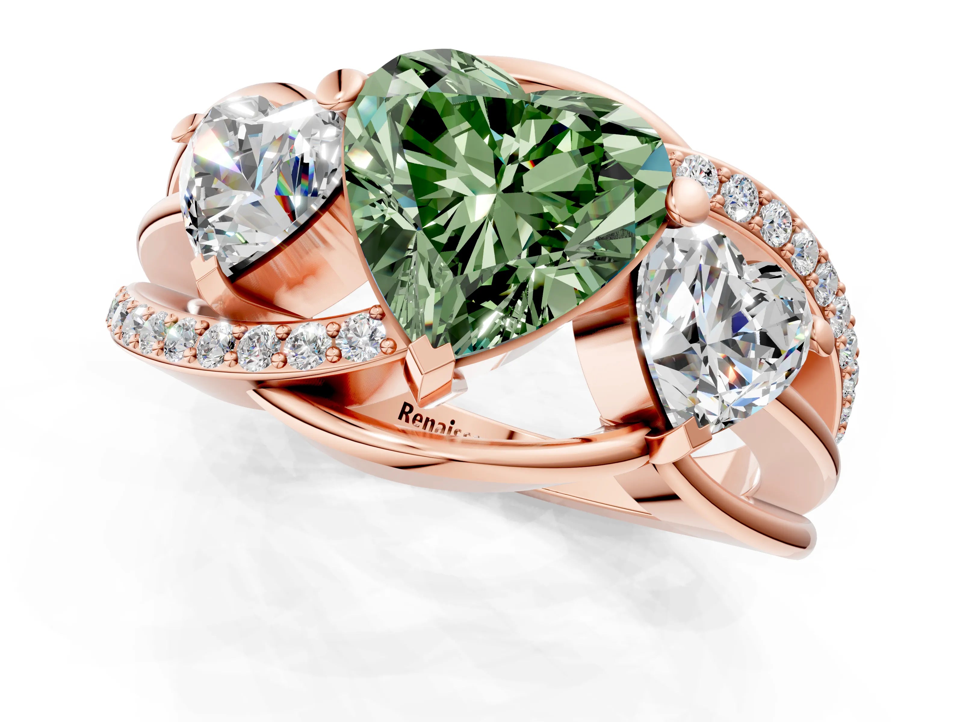 Rose gold Three-Stone Fancy Green Heart Cut Cut Diamond Split Shank Prong Set Ring_1