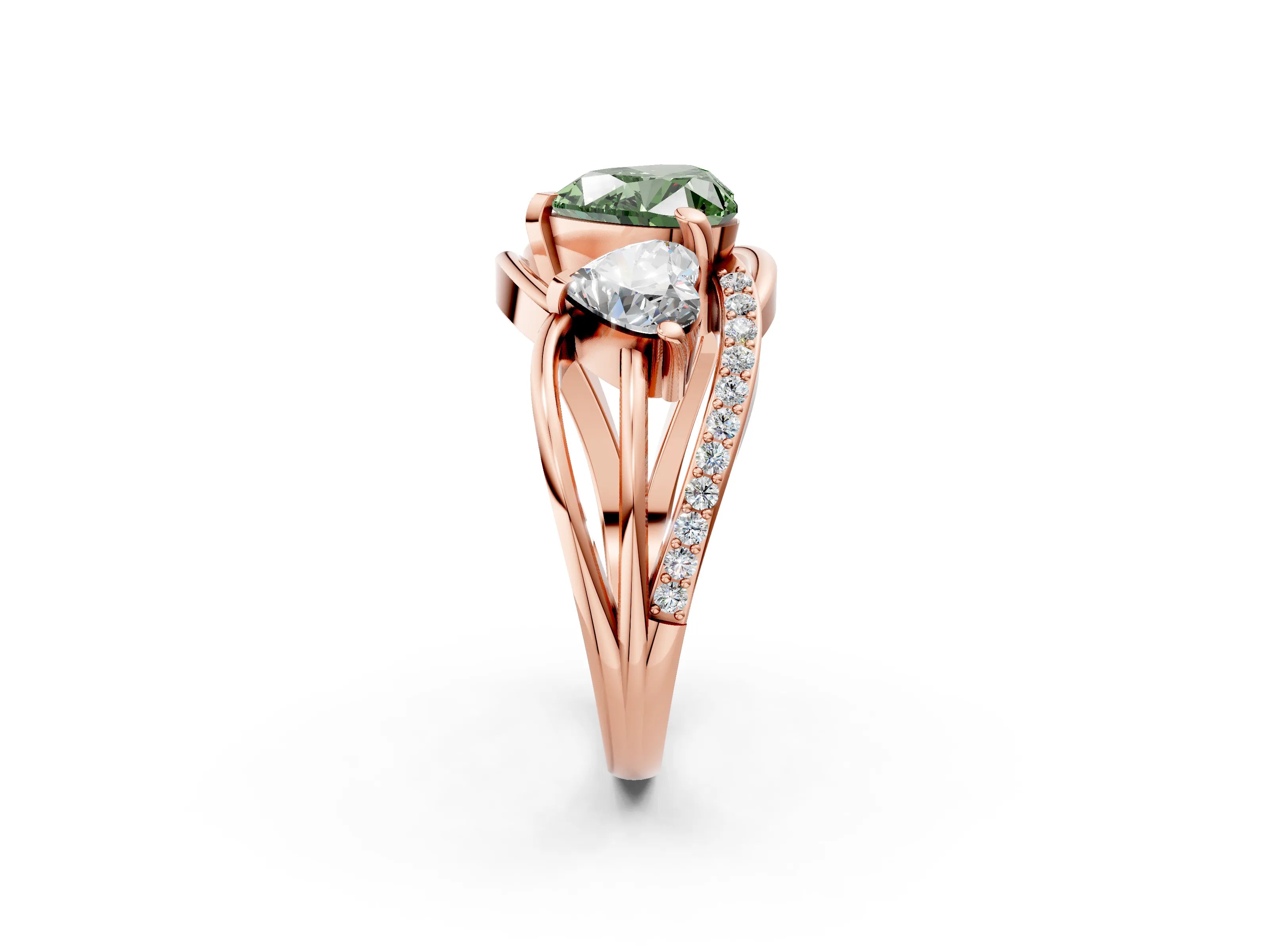 Rose gold Three-Stone Fancy Green Heart Cut Cut Diamond Split Shank Prong Set Ring_2