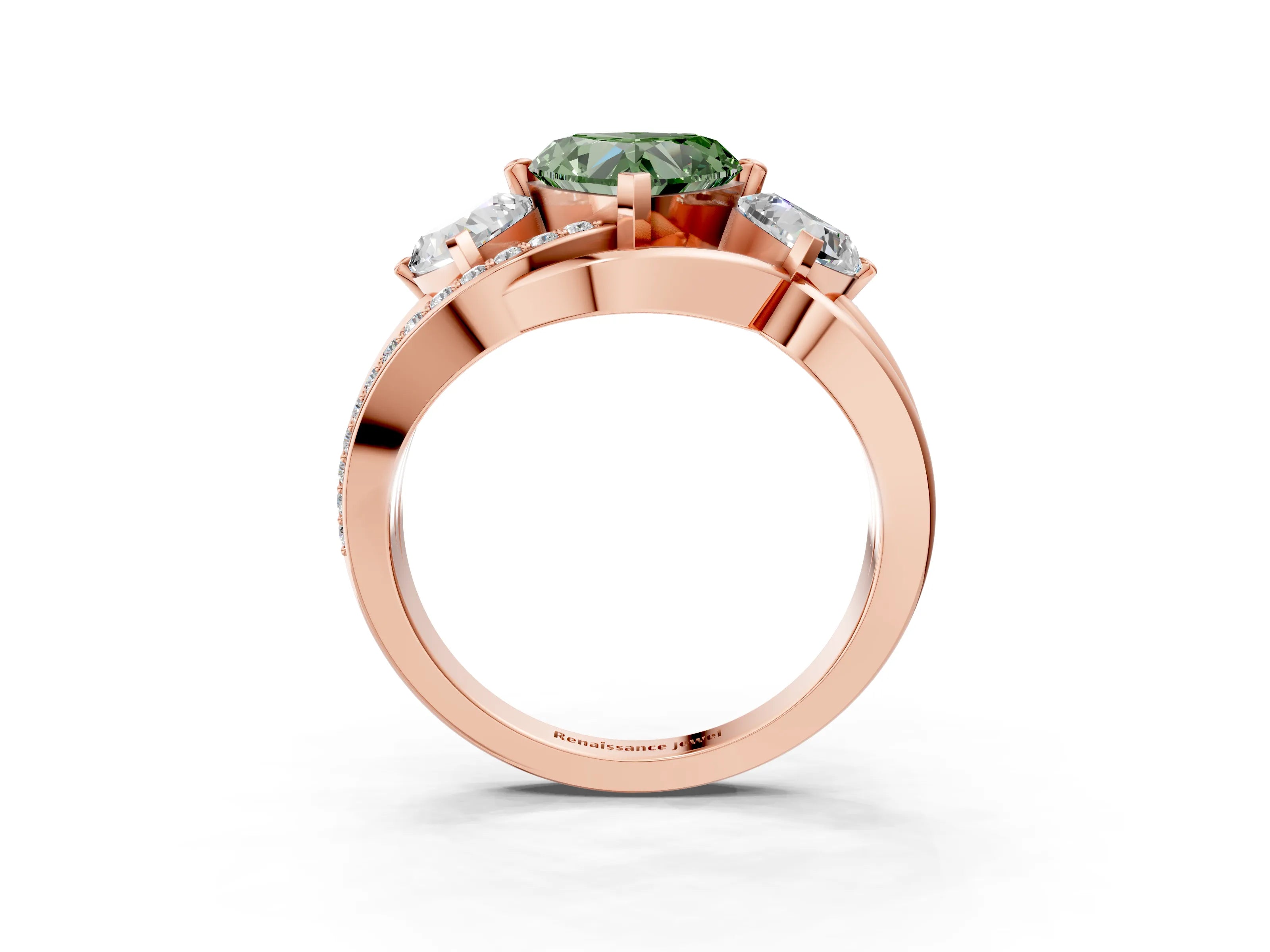 Rose gold Three-Stone Fancy Green Heart Cut Cut Diamond Split Shank Prong Set Ring_3