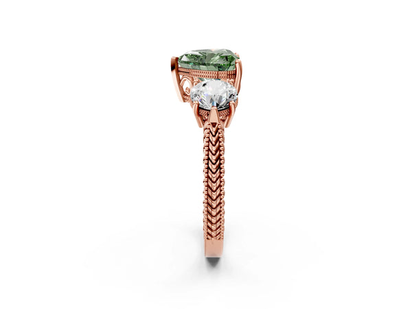 Rose Gold Heart-Shaped Vintage Three Stone Engagement Ring Setting for Fancy Green Center