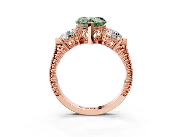 Rose Gold Heart-Shaped Vintage Three Stone Engagement Ring Setting for Fancy Green Center
