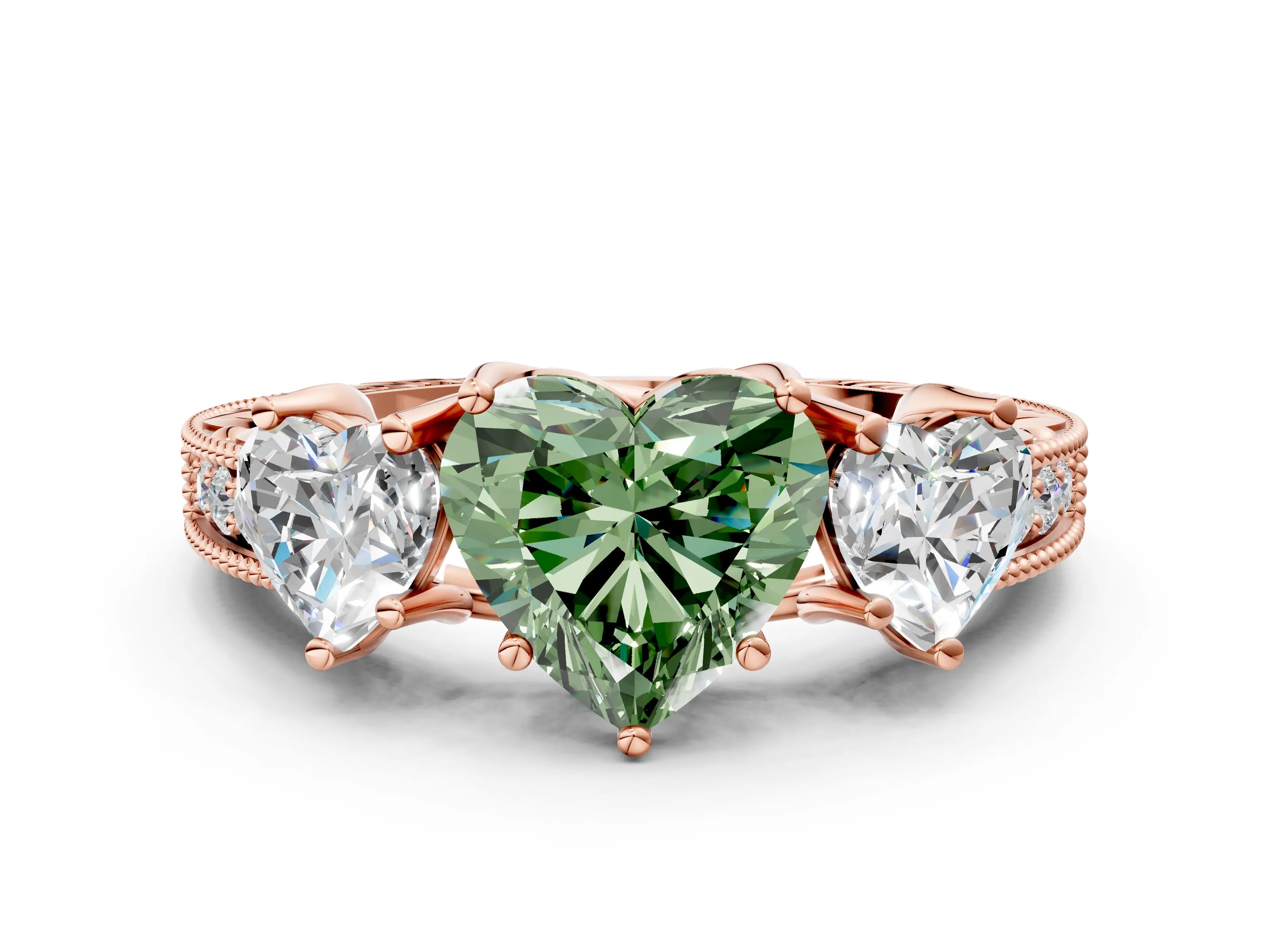Rose gold Three-Stone Fancy Green Heart Cut Cut Milgrain Pavé Engagement Ring