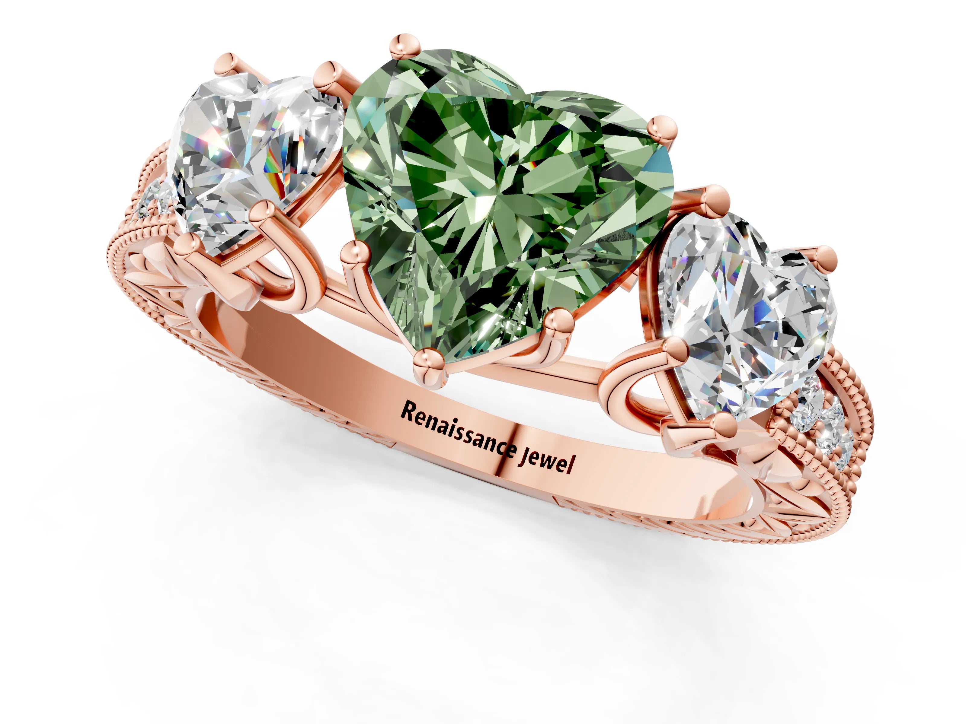Rose gold Three-Stone Fancy Green Heart Cut Cut Milgrain Pavé Engagement Ring_1