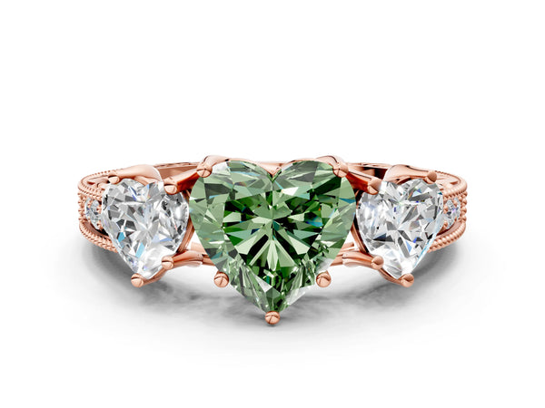 Rose Gold Heart-Shaped Engraved Three Stone Engagement Ring Setting for Fancy Green Center