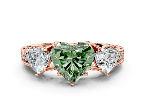 Rose gold Three-Stone Fancy Green Heart Cut Cut Milgrain Pavé Engagement Ring_12