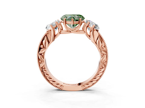 Rose gold Three-Stone Fancy Green Heart Cut Cut Milgrain Pavé Engagement Ring_15