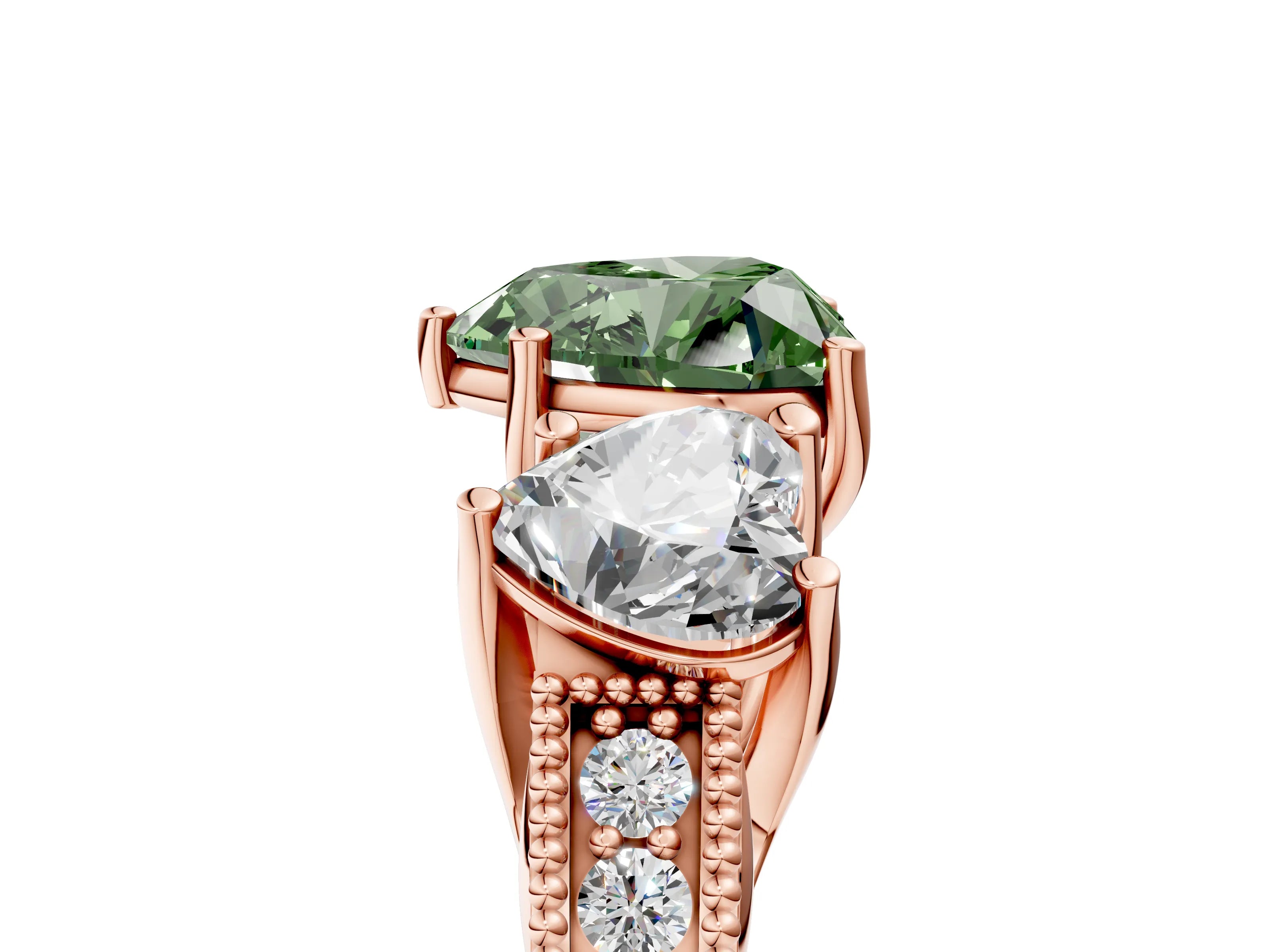 Rose gold Three-Stone Fancy Green Heart Cut Cut Milgrain Pavé Engagement Ring_17