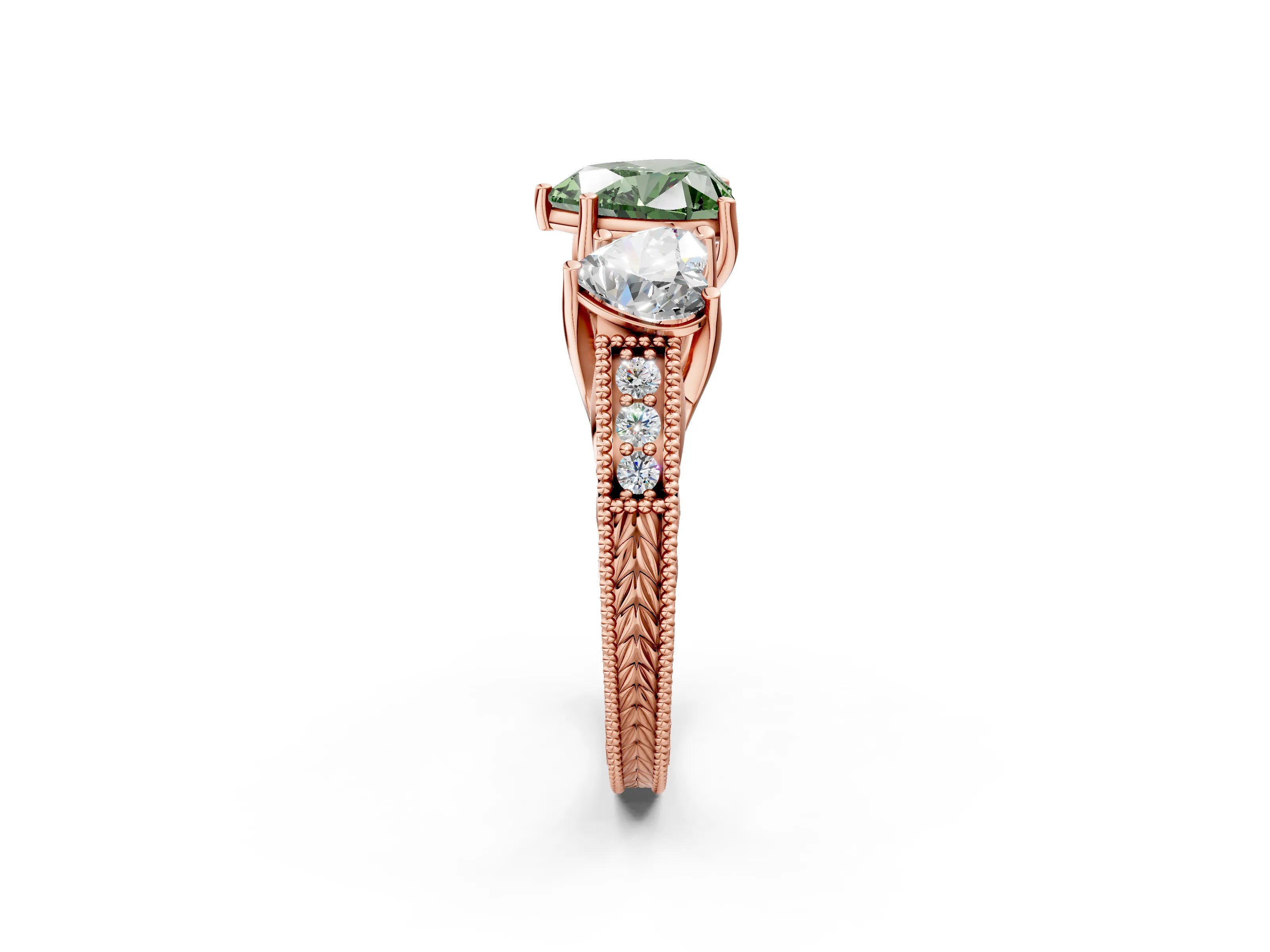 Rose gold Three-Stone Fancy Green Heart Cut Cut Milgrain Pavé Engagement Ring_2