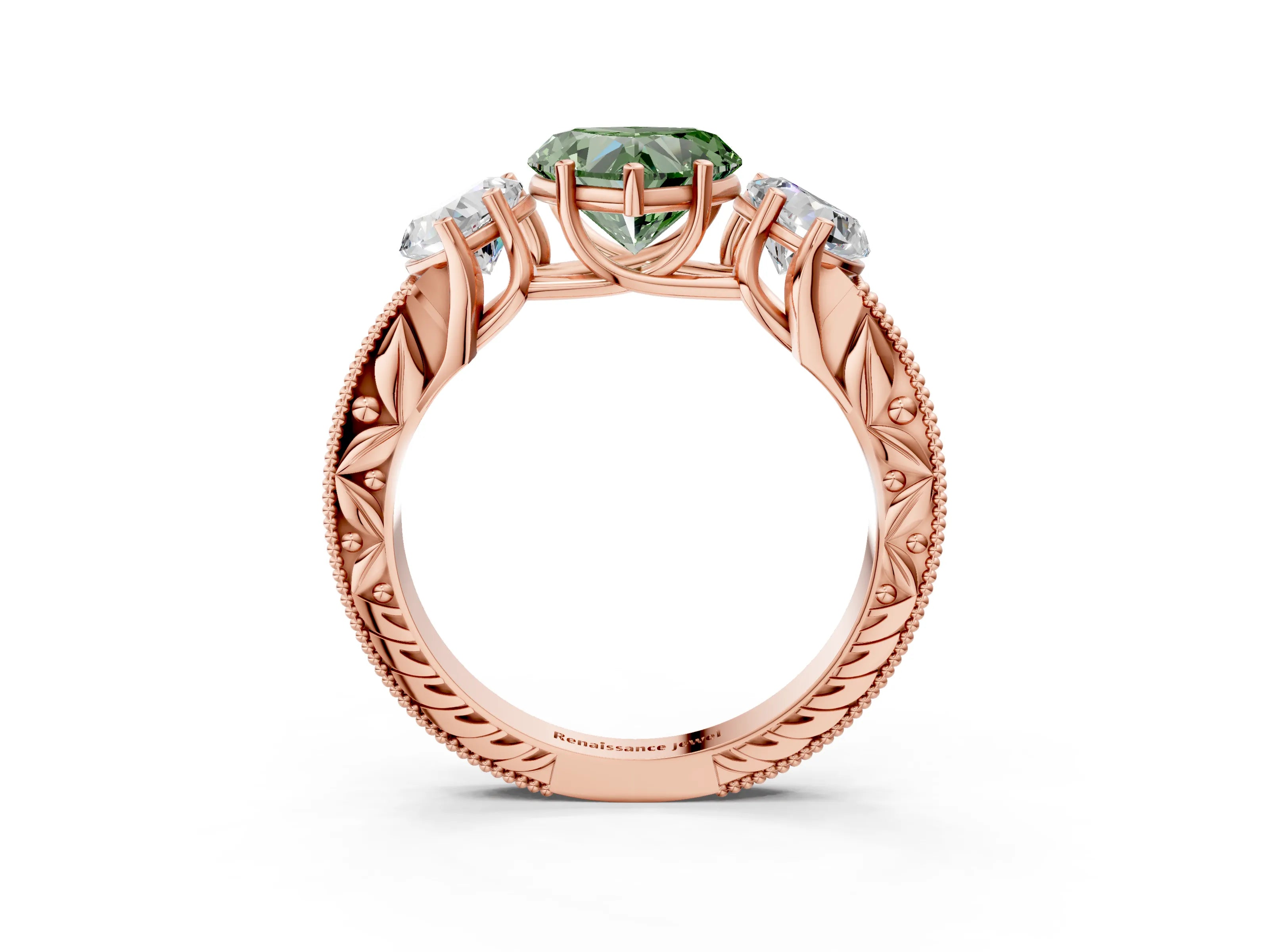 Rose gold Three-Stone Fancy Green Heart Cut Cut Milgrain Pavé Engagement Ring_3