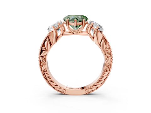 Rose gold Three-Stone Fancy Green Heart Cut Cut Milgrain Pavé Engagement Ring_3