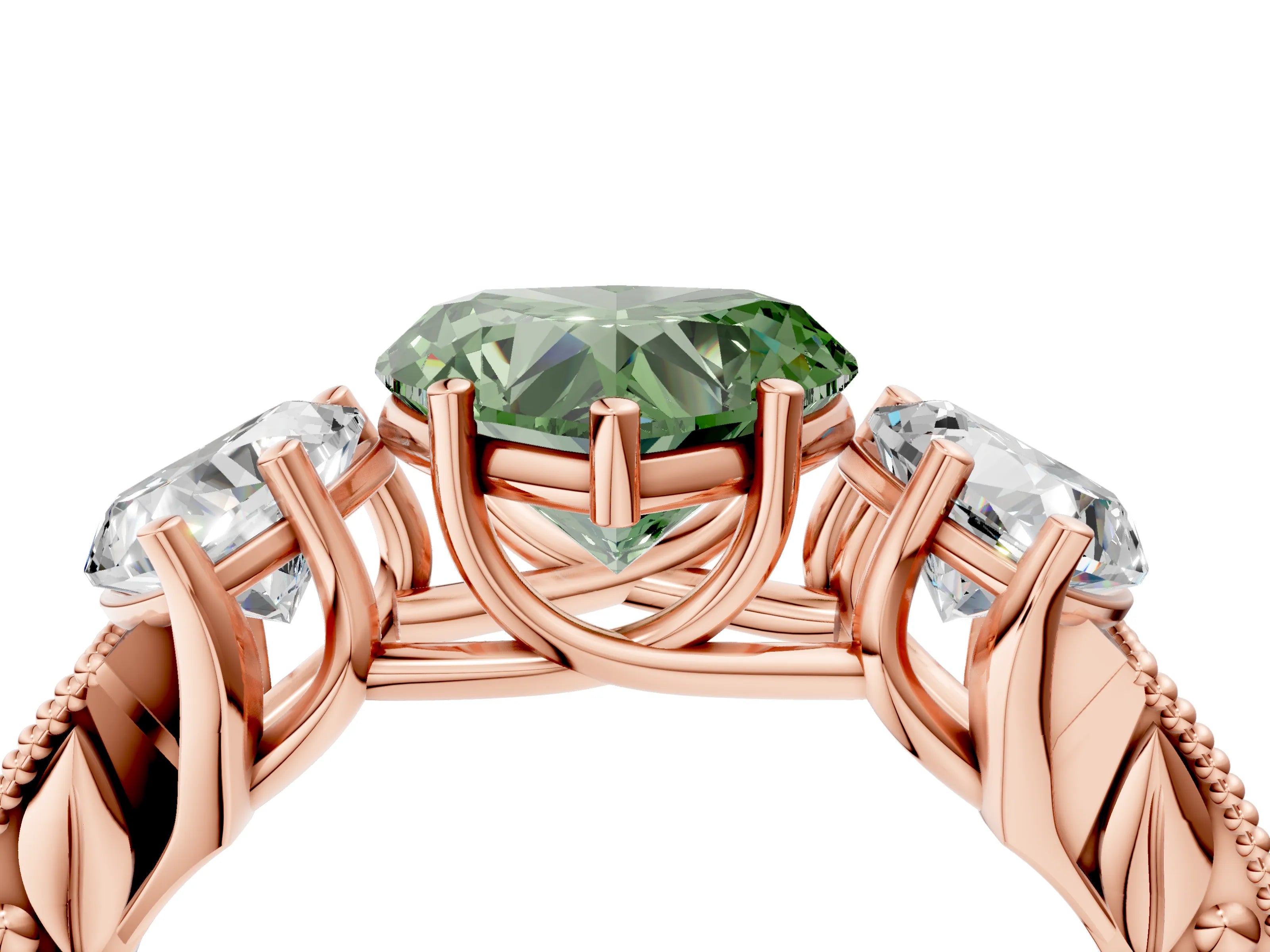 Rose gold Three-Stone Fancy Green Heart Cut Cut Milgrain Pavé Engagement Ring_4