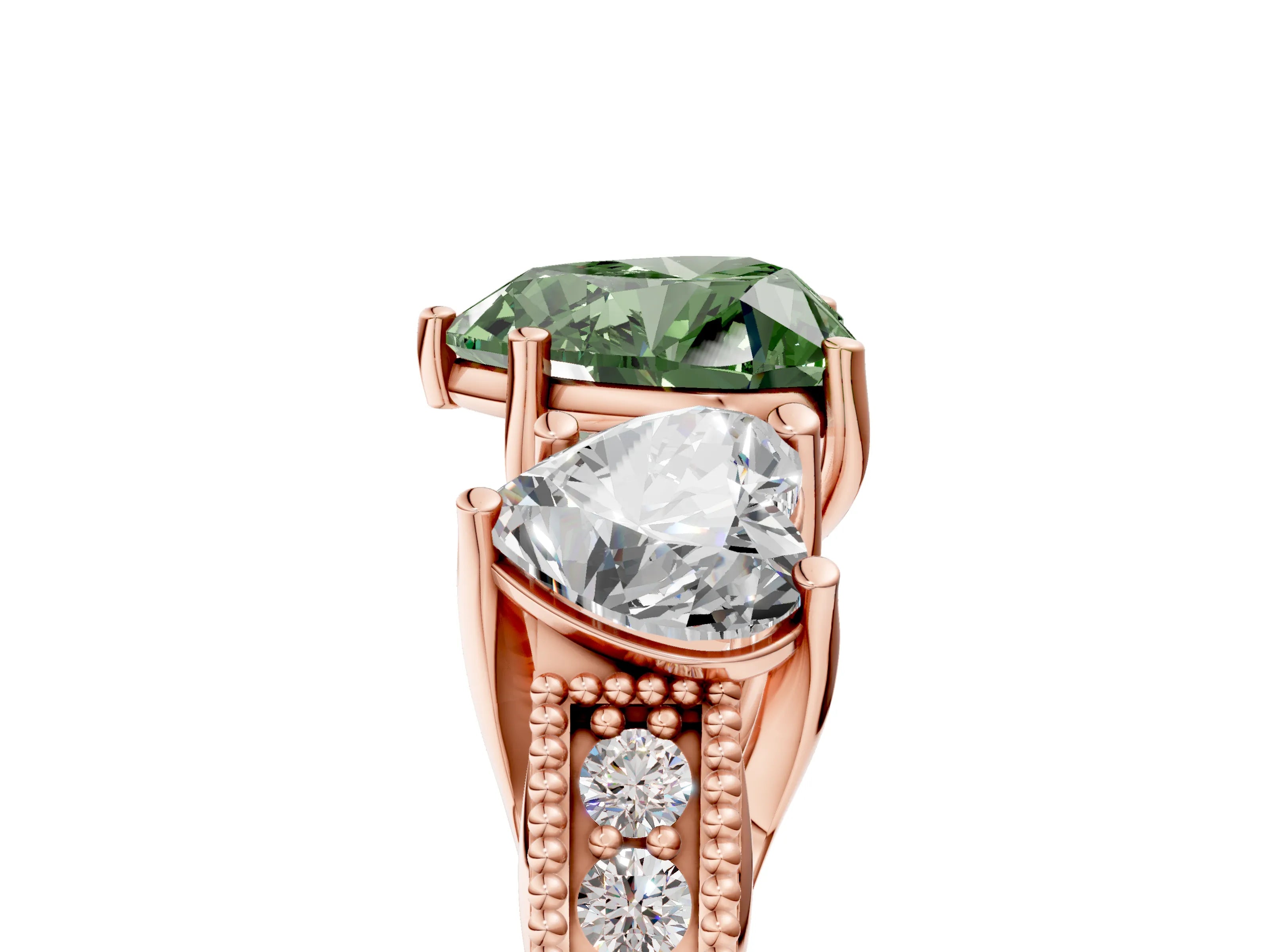 Rose gold Three-Stone Fancy Green Heart Cut Cut Milgrain Pavé Engagement Ring_5