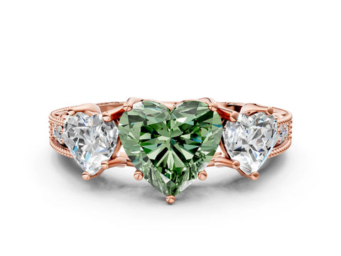 Rose gold Three-Stone Fancy Green Heart Cut Cut Milgrain Pavé Engagement Ring