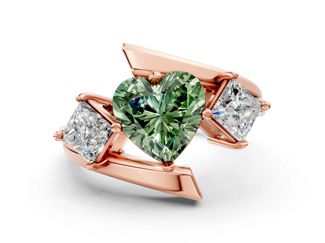 Rose gold Three-Stone Fancy Green Heart Cut Cut Tension Band Ring with Four-Prong Setting