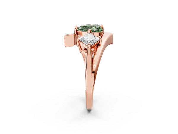 Rose gold Three-Stone Fancy Green Heart Cut Cut Tension Band Ring with Four-Prong Setting
