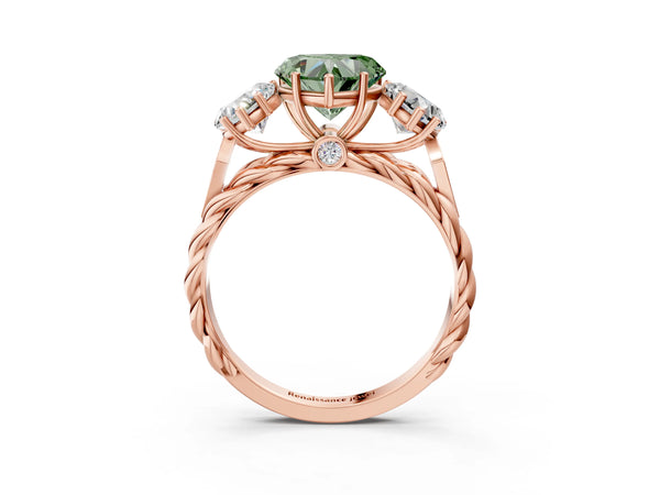 Rose gold Three-Stone Fancy Green Heart Cut Diamond Braided Band Ring with Four-Prong Setting
