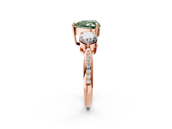 Rose gold Three-Stone Fancy Green Heart Cut Diamond Channel Set Engagement Ring with Prong Setting