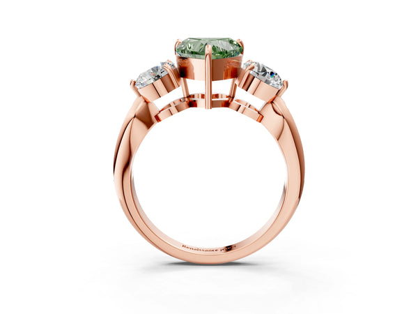 Rose gold Three-Stone Fancy Green Heart Cut Diamond Channel Set Engagement Ring with Prong Setting