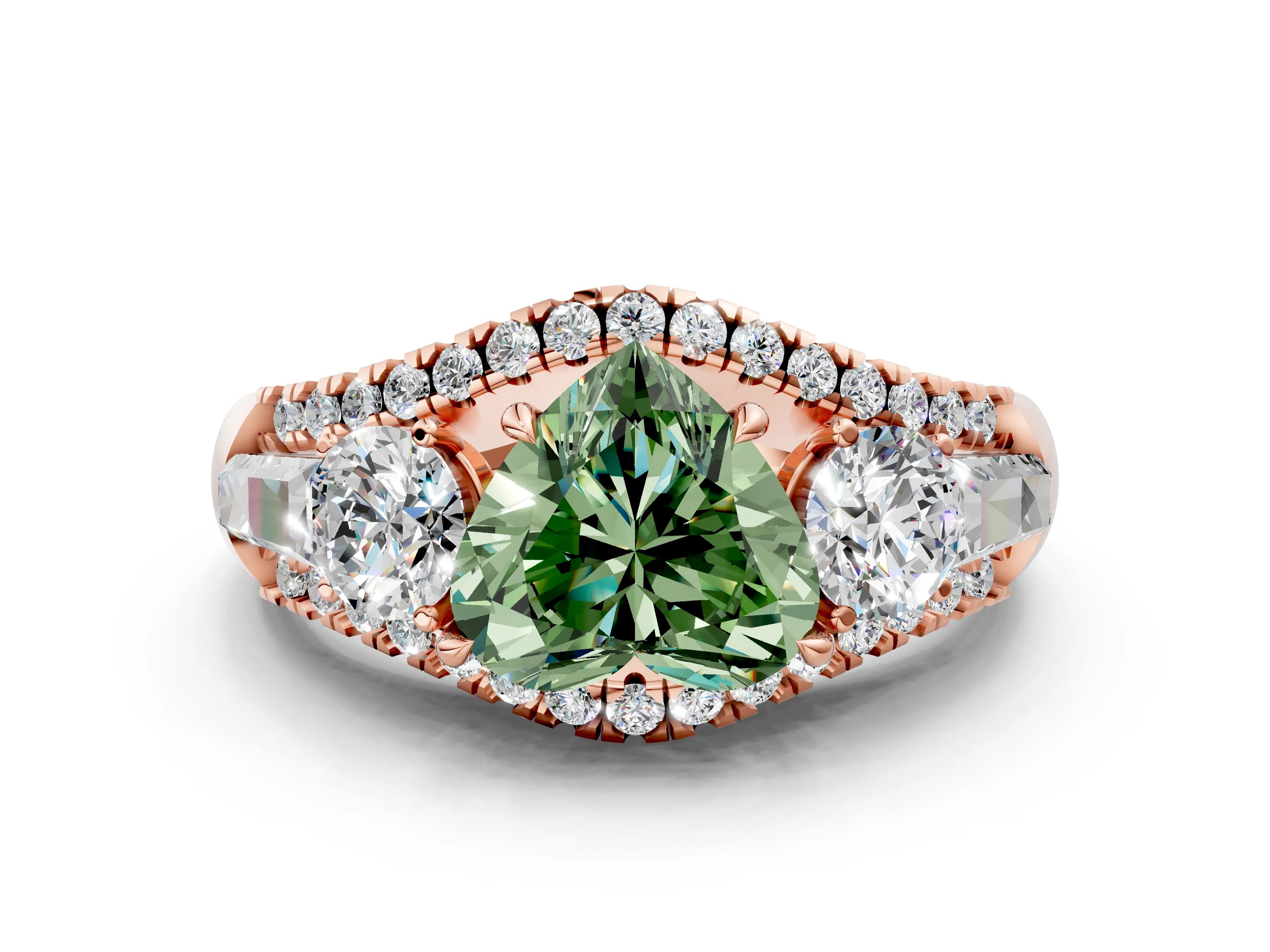 Rose gold Three-Stone Fancy Green Heart Cut Diamond Engagement Ring with Pave Band and Prong Setting