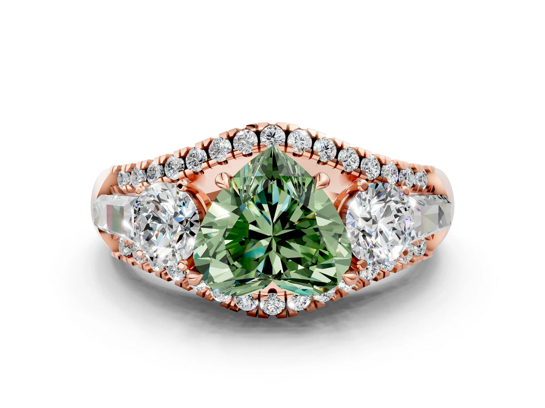 Rose gold Three-Stone Fancy Green Heart Cut Diamond Engagement Ring with Pave Band and Prong Setting
