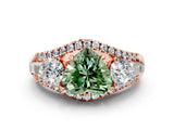 Rose gold Three-Stone Fancy Green Heart Cut Diamond Engagement Ring with Pave Band and Prong Setting