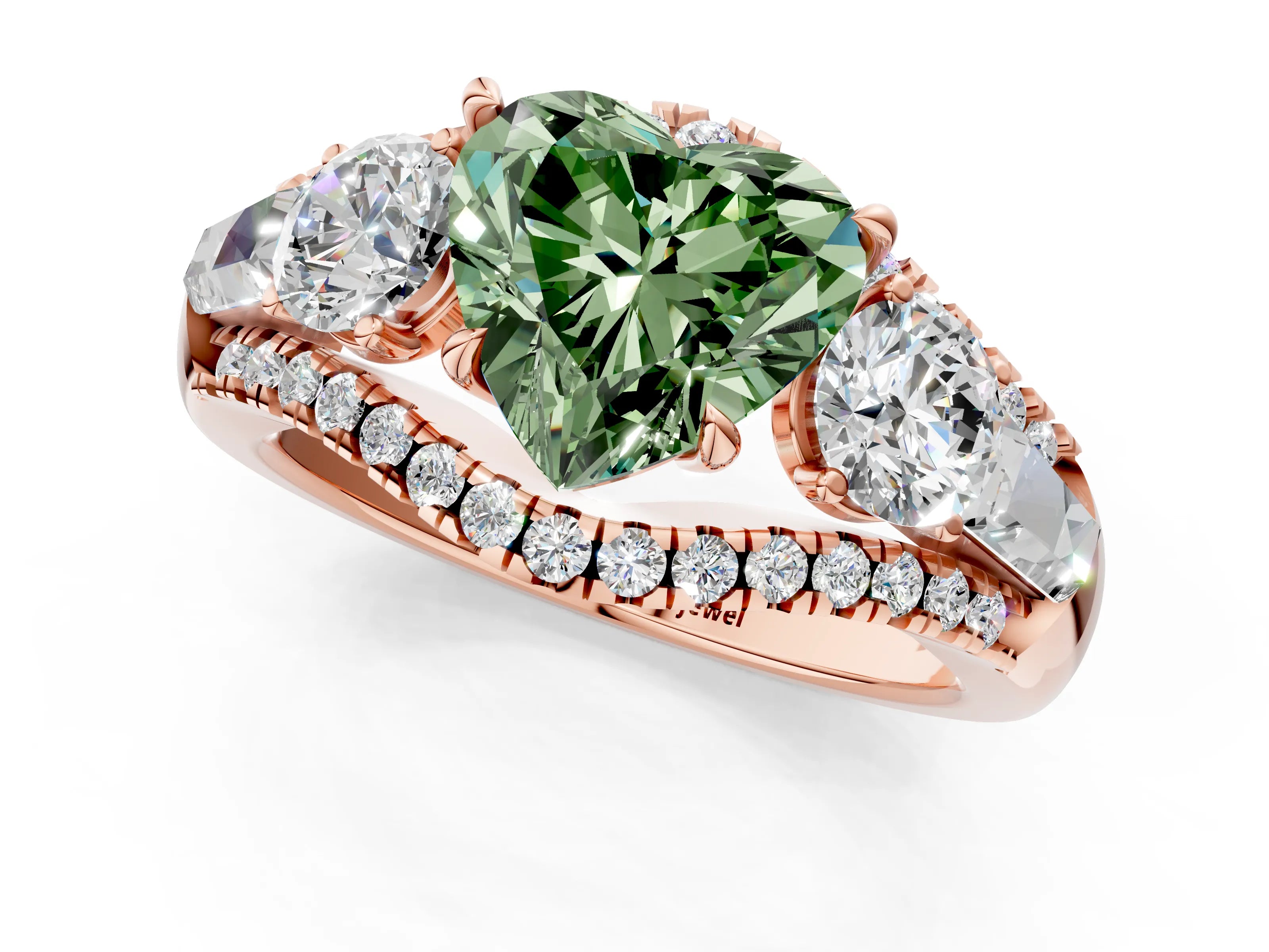 Rose gold Three-Stone Fancy Green Heart Cut Diamond Engagement Ring with Pave Band and Prong Setting_1
