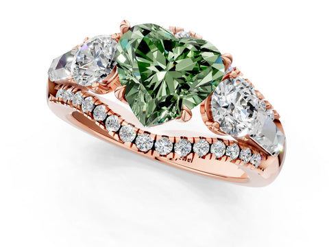 Rose gold Three-Stone Fancy Green Heart Cut Diamond Engagement Ring with Pave Band and Prong Setting_1