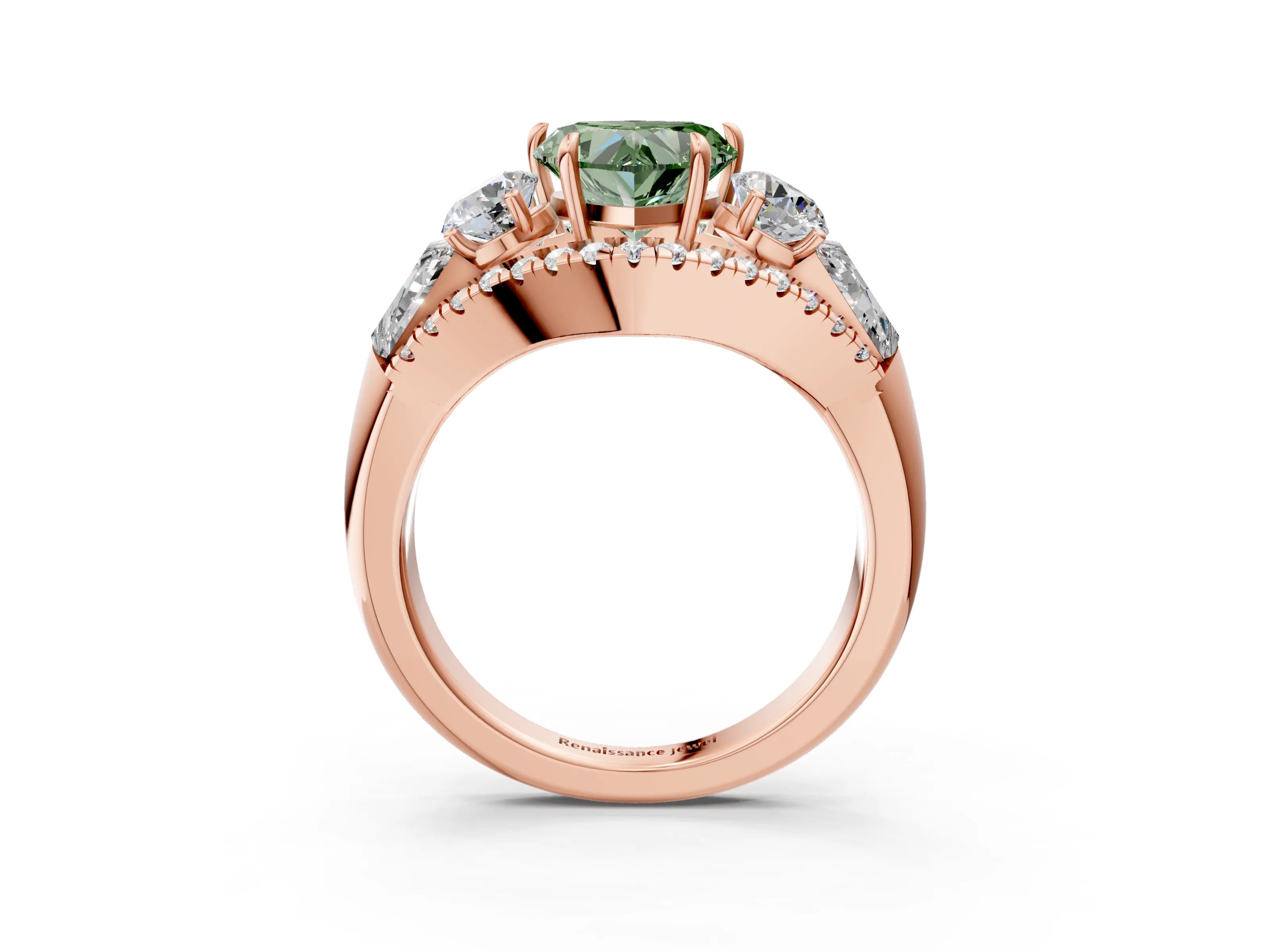 Rose gold Three-Stone Fancy Green Heart Cut Diamond Engagement Ring with Pave Band and Prong Setting_3