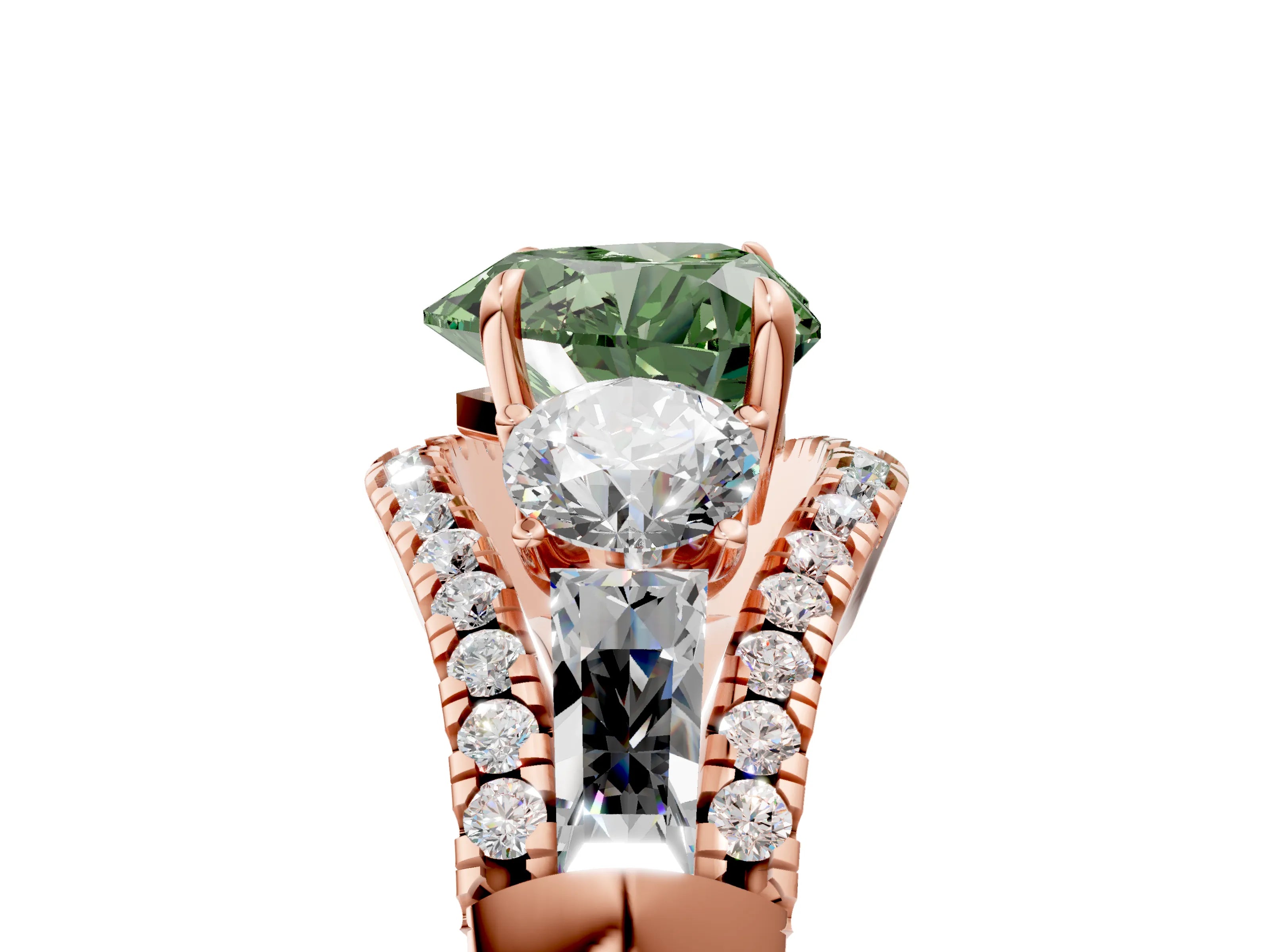 Rose gold Three-Stone Fancy Green Heart Cut Diamond Engagement Ring with Pave Band and Prong Setting_5