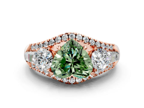 Rose gold Three-Stone Fancy Green Heart Cut Diamond Engagement Ring with Pave Band and Prong Setting