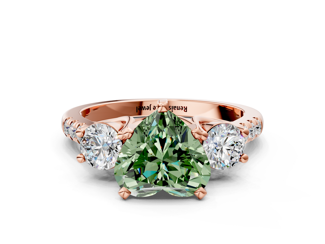 Rose gold Three-Stone Fancy Green Heart  Cut Diamond Pavé Band with Four-Prong Setting