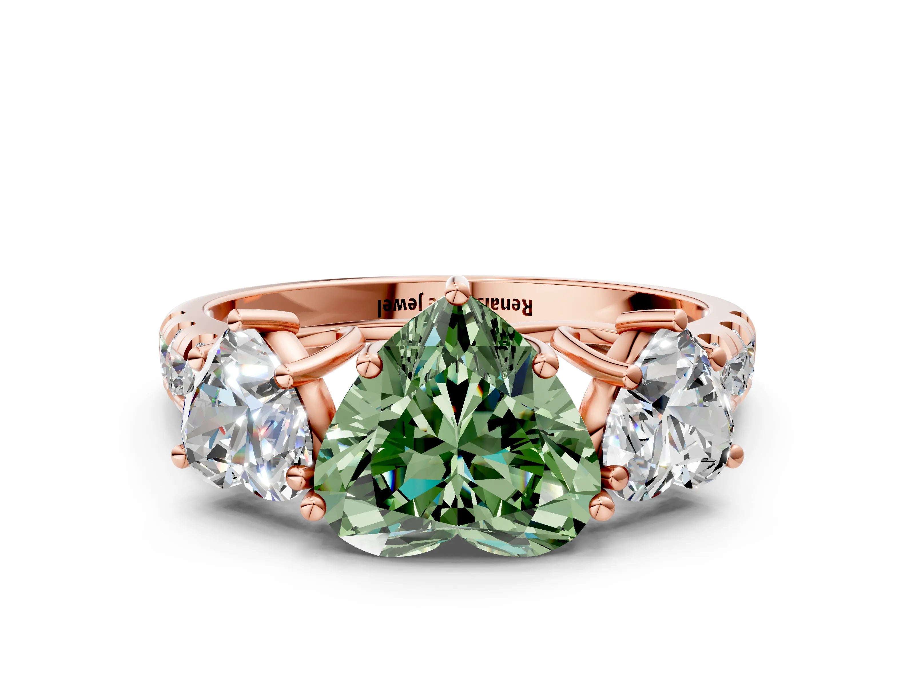 Rose gold Three-Stone Fancy Green Heart Cut Diamond Pavé Band with Prong Setting