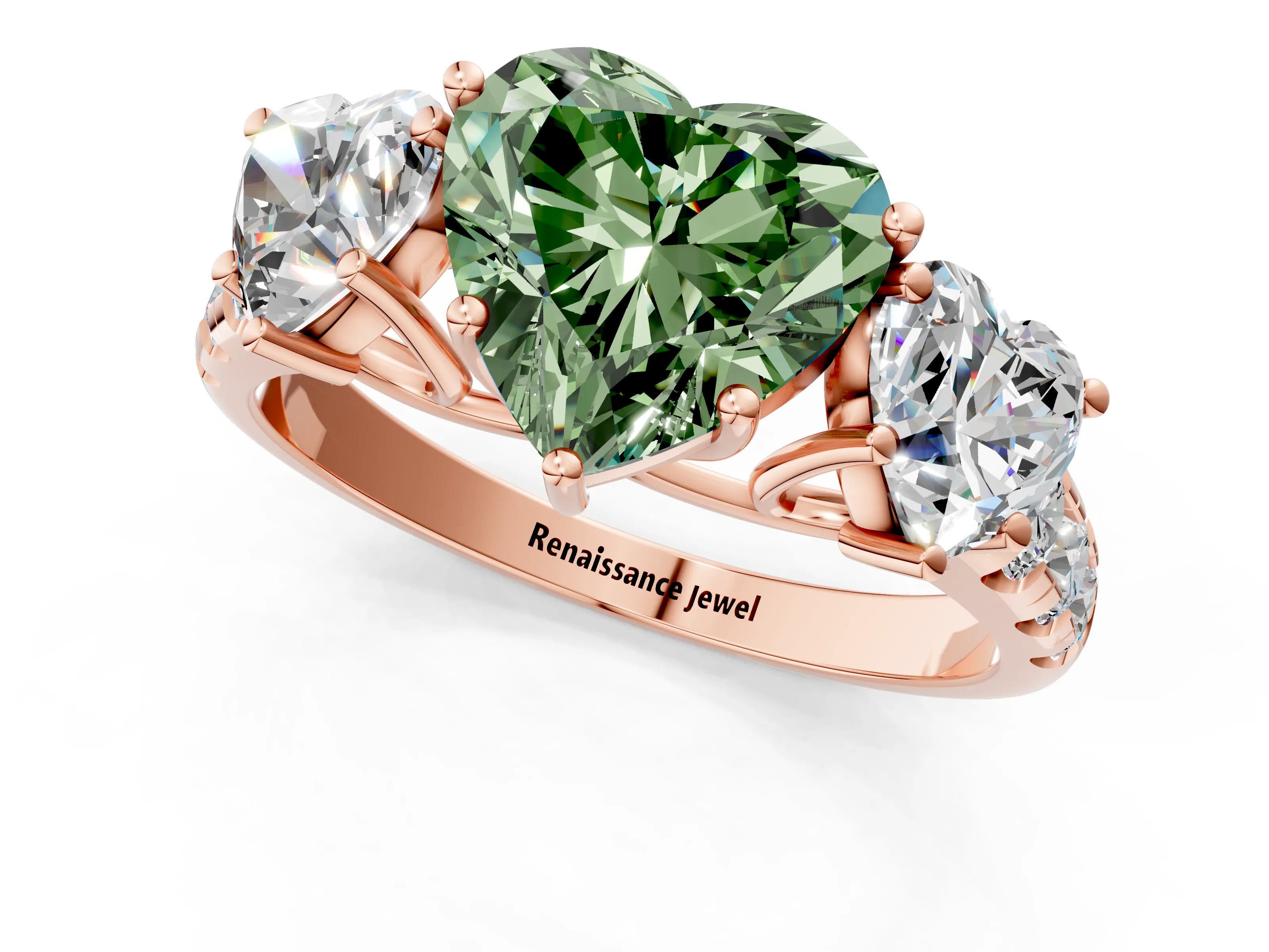 Rose gold Three-Stone Fancy Green Heart Cut Diamond Pavé Band with Prong Setting_1