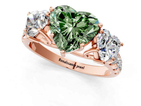 Rose gold Three-Stone Fancy Green Heart Cut Diamond Pavé Band with Prong Setting