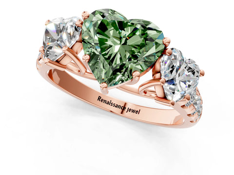 Rose gold Three-Stone Fancy Green Heart Cut Diamond Pavé Band with Prong Setting_1