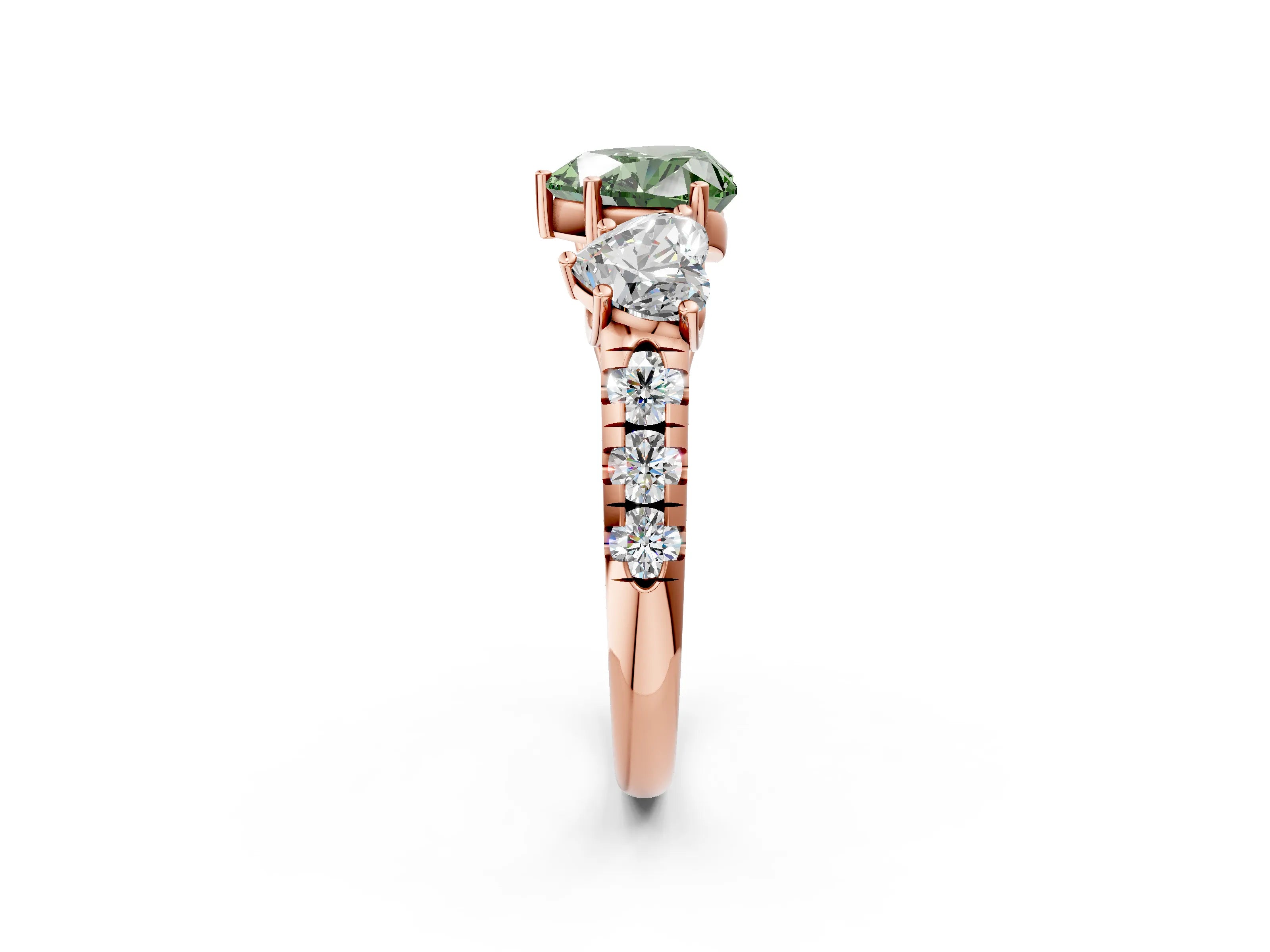 Rose gold Three-Stone Fancy Green Heart Cut Diamond Pavé Band with Prong Setting_2
