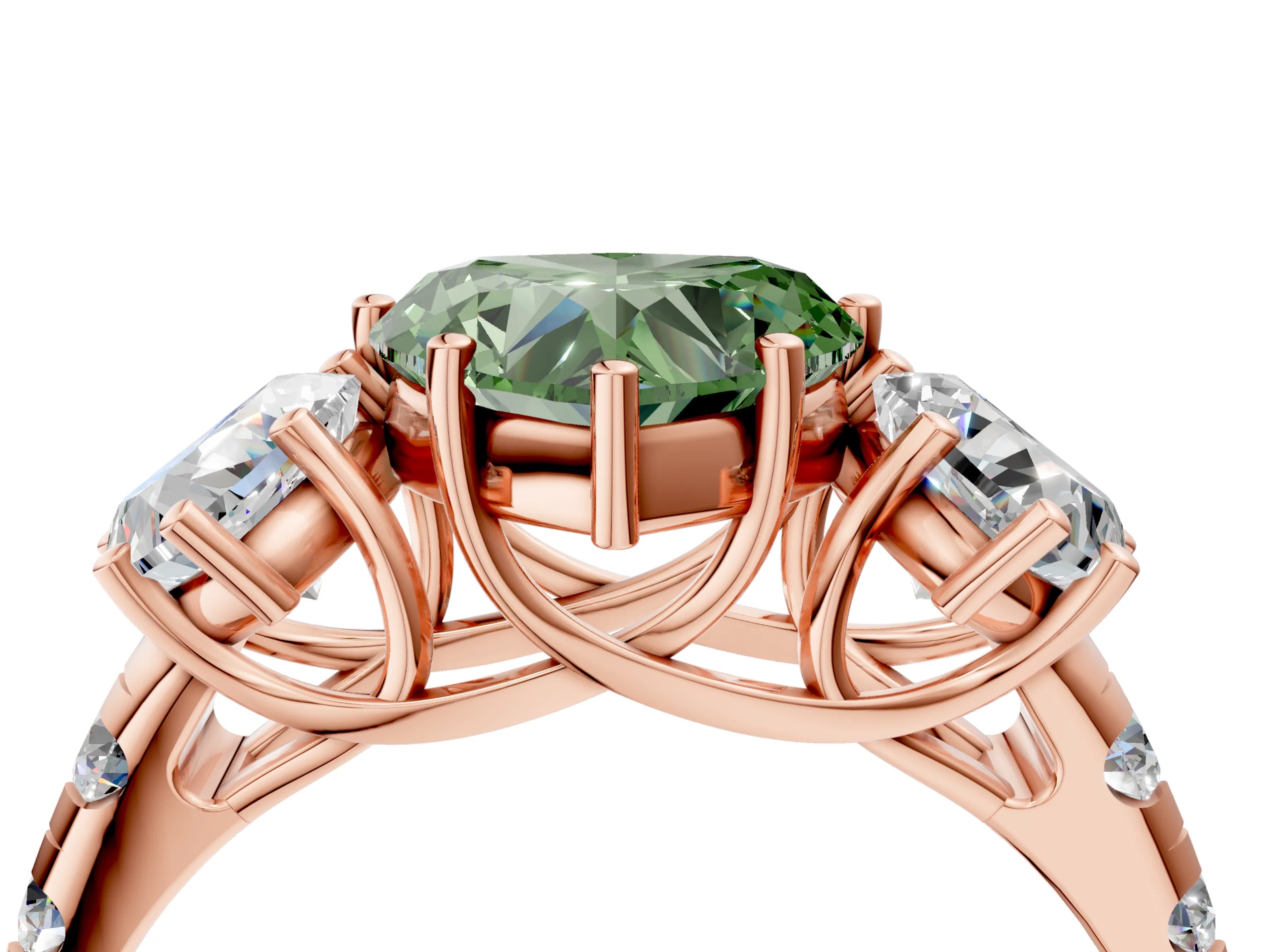 Rose gold Three-Stone Fancy Green Heart Cut Diamond Pavé Band with Prong Setting_4