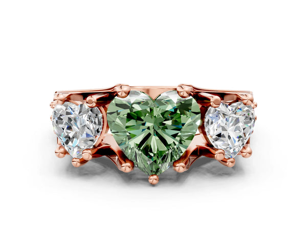 Rose gold Fancy Green Heart Cut Diamond Three-Stone Ring with Channel Set Band and Four-Prong Setting