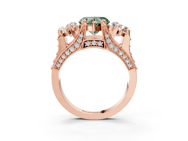 Rose gold Fancy Green Heart Cut Diamond Three-Stone Ring with Channel Set Band and Four-Prong Setting
