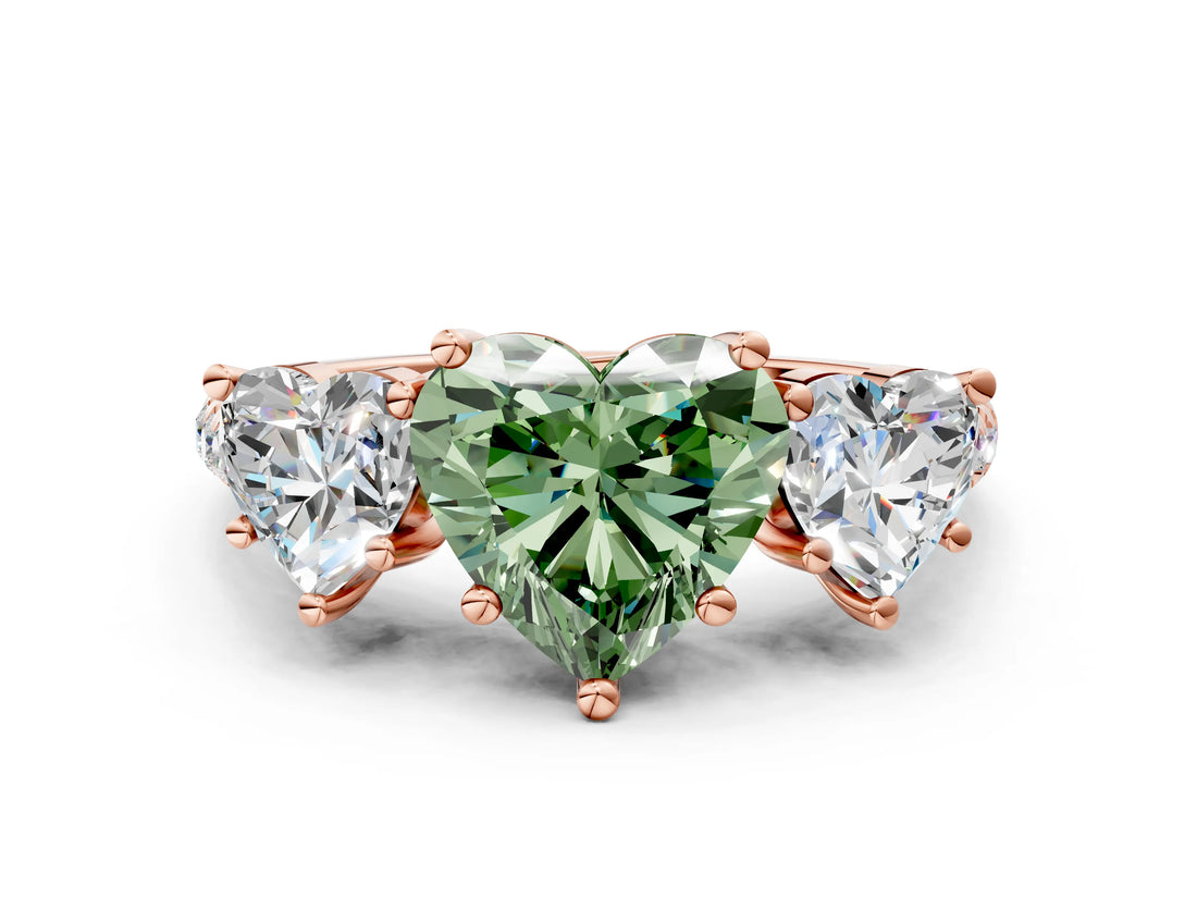 Rose gold Three-Stone Fancy Green Heart Cut Diamond Ring with Pavé Band and Prong Setting_46