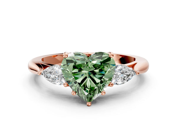 Rose gold Three-Stone Fancy Green Heart Cut Diamond Ring with Pear  Side Stones in Four-Prong Setting