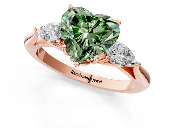 Rose gold Three-Stone Fancy Green Heart Cut Diamond Ring with Pear  Side Stones in Four-Prong Setting
