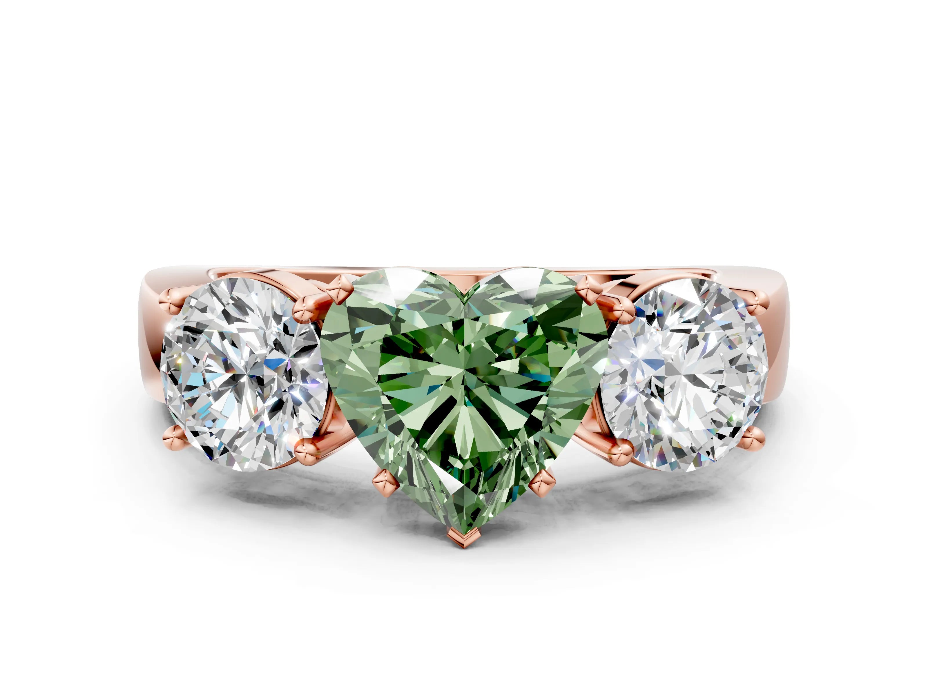 Rose gold Three-Stone Fancy Green Heart Cut Diamond Ring with Round Side Stones, Classic Band, and Four-Prong Setting