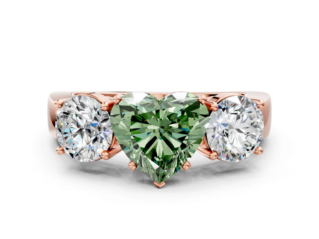 Rose gold Three-Stone Fancy Green Heart Cut Diamond Ring with Round Side Stones, Classic Band, and Four-Prong Setting