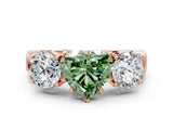 Rose gold Three-Stone Fancy Green Heart Cut Diamond Ring with Round Side Stones, Classic Band, and Four-Prong Setting